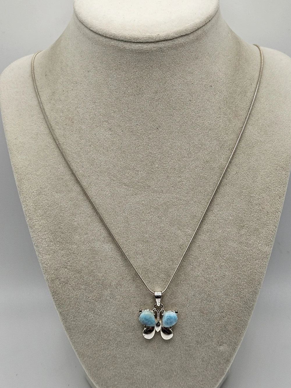 VINTAGE Sterling Silver 925 Larimar Butterfly Pendant Snake Chain Necklace